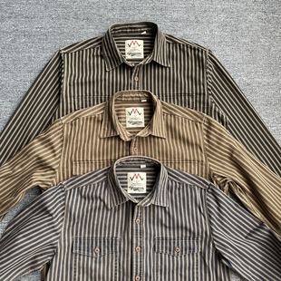 做旧长袖 纯棉阿美咔叽工装 衬衣男 休闲复古水洗竖条纹牛仔衬衫 美式