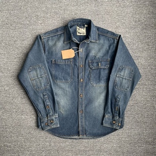 牛仔衬衫 咔叽肘部补丁长袖 美系复古全棉纯棉水洗做旧衬衣工装 男士