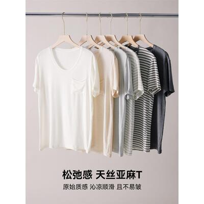 天丝醋酸亚麻短袖t恤女春
