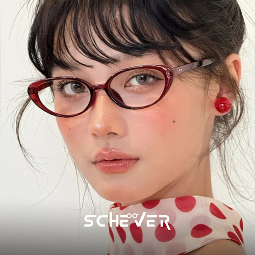 猫眼老钱风窄框眼镜女安可拉红色