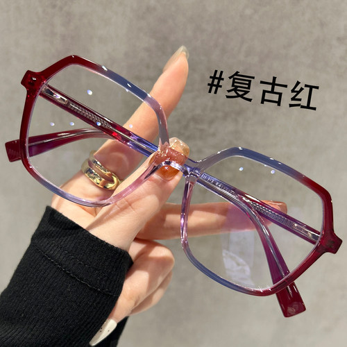 复古红色多边形眼镜框女防蓝光