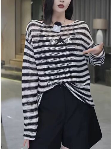 设计感穿搭撞色条纹镂空长袖针织衫春款新款高级感舒适防晒罩衫女