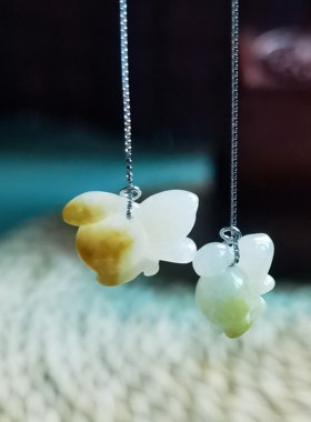 糯冰种黄翡缅甸天然a货翡翠小兔子吊坠 S925银翡翠耳线耳饰