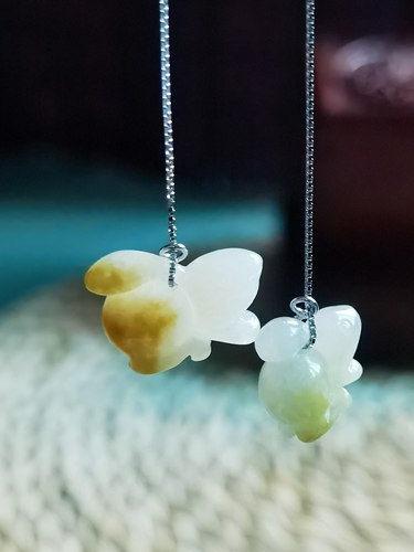 糯冰种黄翡缅甸天然a货翡翠小兔子吊坠 S925银翡翠耳线耳饰