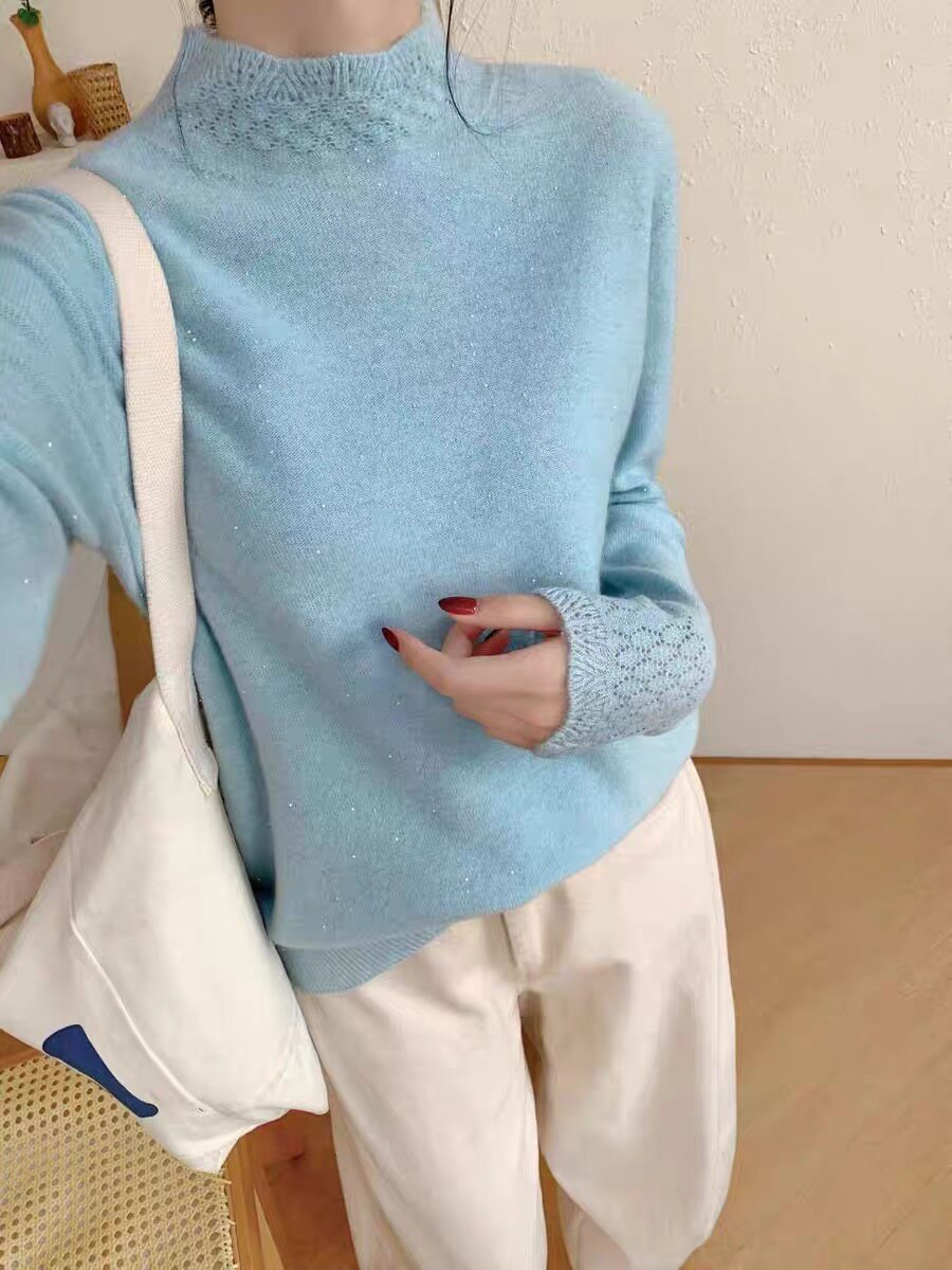 100%羊毛衫半高领打底针织衫女秋冬新款纯色蕾丝钩花亮片内搭毛衣