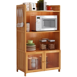 楠竹厨房置物架落地多层收纳架微波炉烤箱置物柜实木餐边柜储物柜