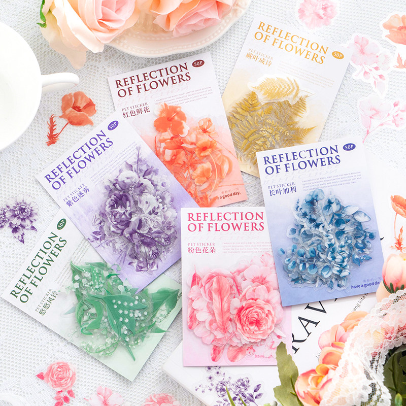 美好的一天贴纸 水中花影系列 水晶油墨水彩植物素材装饰手账素材