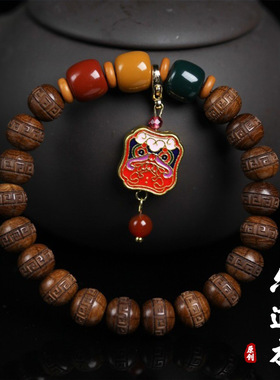 国潮六道降龙木雕刻回纹珠手串配饰阿拉善景泰蓝古法金男女佛珠链