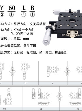 XY轴光学微调平台LY60-CB/LB/RB超薄款手动位移滑台小型工作台