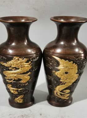 2023新款仿古铜鎏金龙凤花瓶摆件家居装饰创意礼品工艺品一件代发