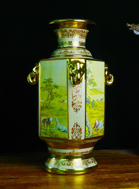 景德镇中式仿古描金瓷器陶瓷花瓶家居瓷器装饰摆件骏马图四方瓶