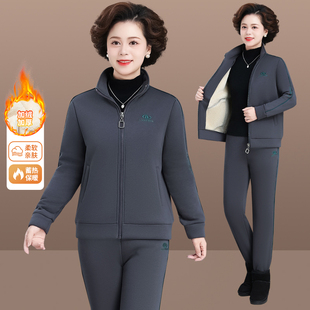 秋冬女士加绒加毛休闲运动套装新款中年人女士加厚冬装时尚妈妈装