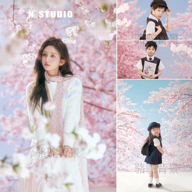 25年春天影楼儿童樱花拍照背景布室内梦幻少女写真桃花摄影背景纸