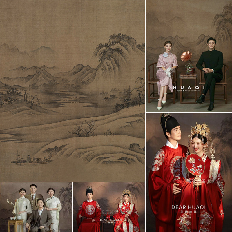 国画山水写真背景全家福旗袍影棚背景布影楼工笔画古装拍照背景纸