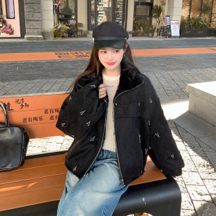 重工钉珠刺绣双面穿立领派克服皮毛一体麂皮绒外套仿皮草大衣女冬
