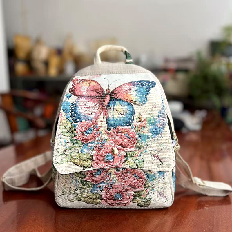 云南民族风包金丝织花织布双肩包沙发布百搭休闲旅游学生背包布艺