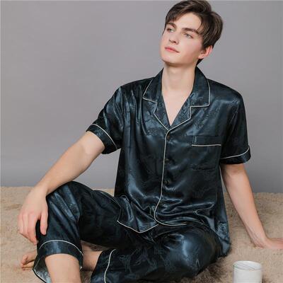 高档男士睡衣夏季真丝短袖提花薄款%桑蚕丝中年爸爸家居服套装