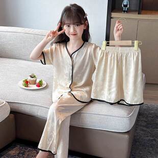 女童睡衣夏季薄款真丝儿童简约风无领冰丝短袖中大童家居服三件套