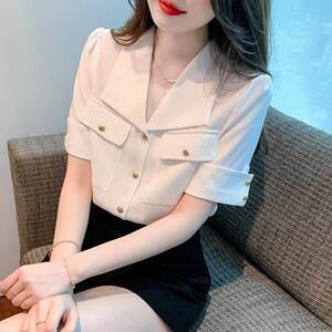 香港TIMO法式翻领短袖雪纺衬衫女夏季职业通勤上衣高级设计感衬衫