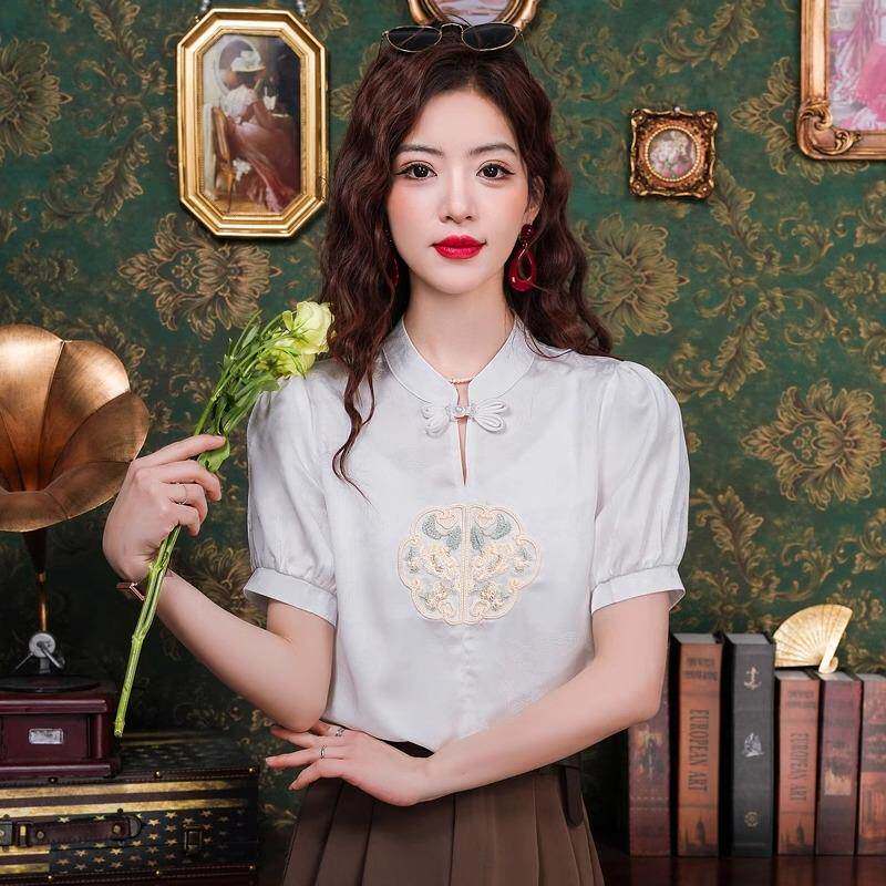 新中式盘扣半开领短袖衬衫女夏季国风别致刺绣衬衣小香风白色上衣