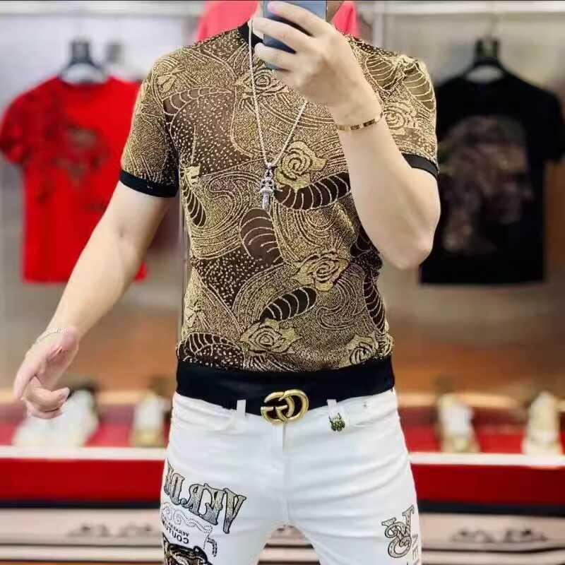 欧洲站新款提花短袖T恤男夏季时尚百搭痞帅韩版修身显瘦体恤上衣