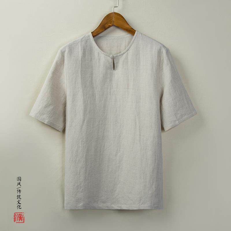 香港茶服棉麻布男装中国风短袖亚麻料T恤宽松盘扣中式上衣夏禅服