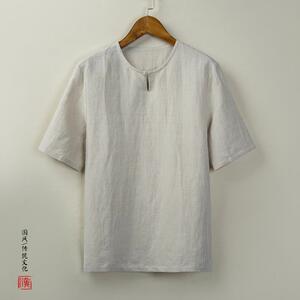 香港茶服棉麻布男装中国风短袖亚麻料T恤宽松盘扣中式上衣夏禅服