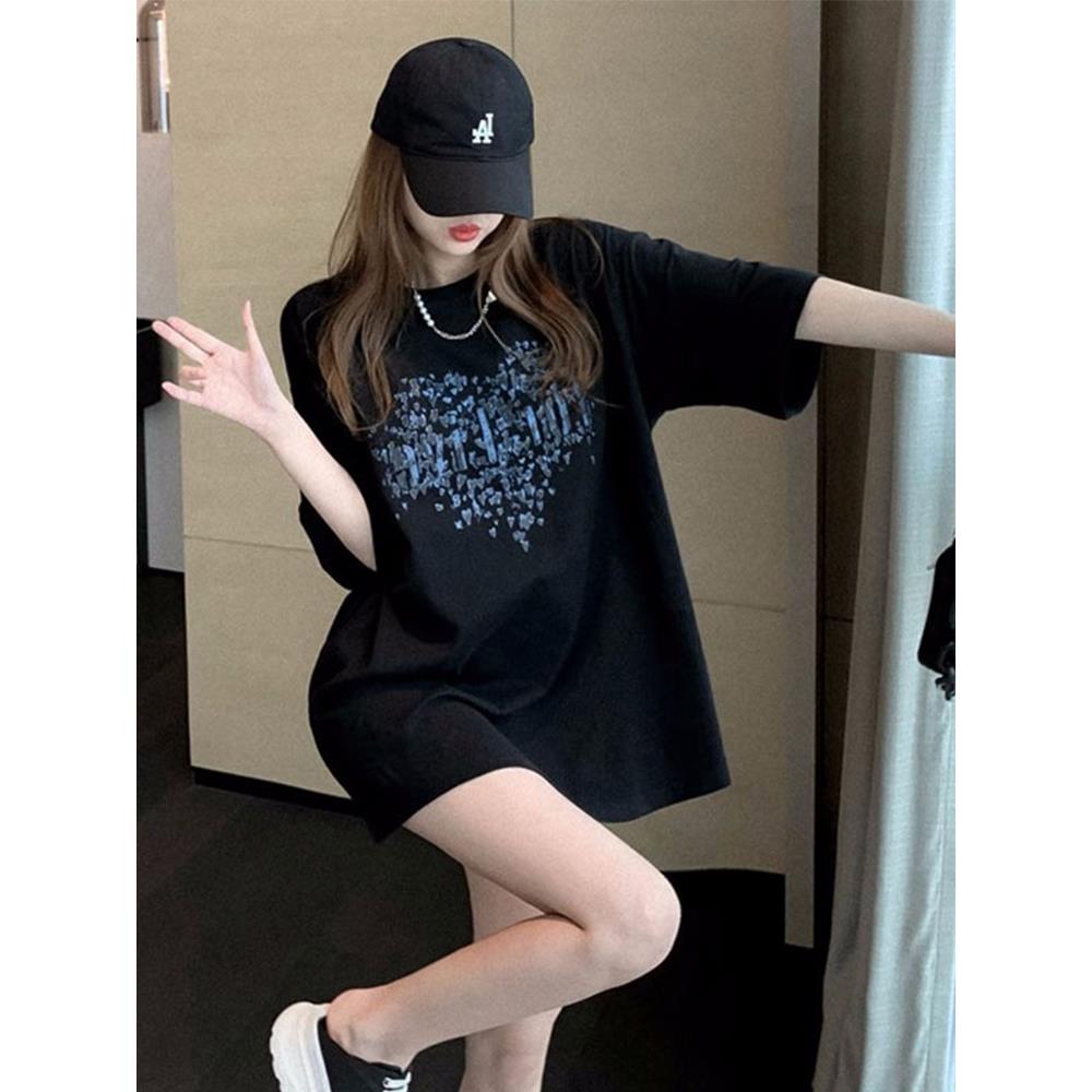 欧洲站中长款T恤女2025年夏季新款潮纯棉短袖遮屁股宽松网红上衣