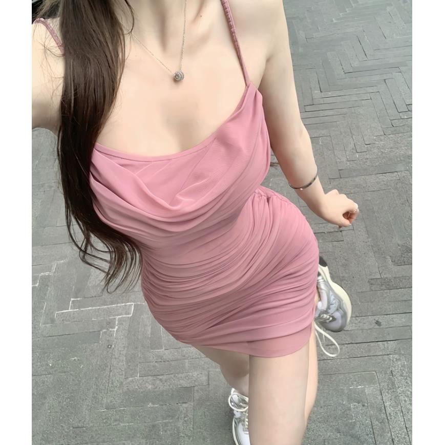 纯欲显瘦网纱吊带连衣裙女夏季褶皱性感包臀短裙露背辣妹a字裙子