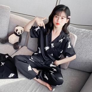 女童睡衣夏季冰丝薄款短袖长裤三件套装中大童女孩儿童真丝家居服