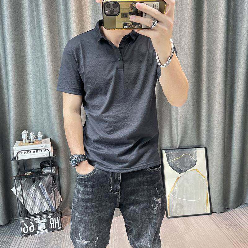 潮牌夏季新款修身净版简约商务休闲男装天丝麻纯色polo衫男士上衣