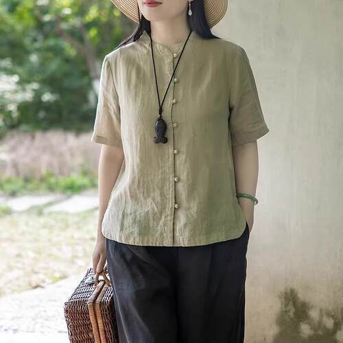 棉麻短袖衬衫女2025夏季新款复古休闲简约女士亚麻开衫衬衣上衣薄