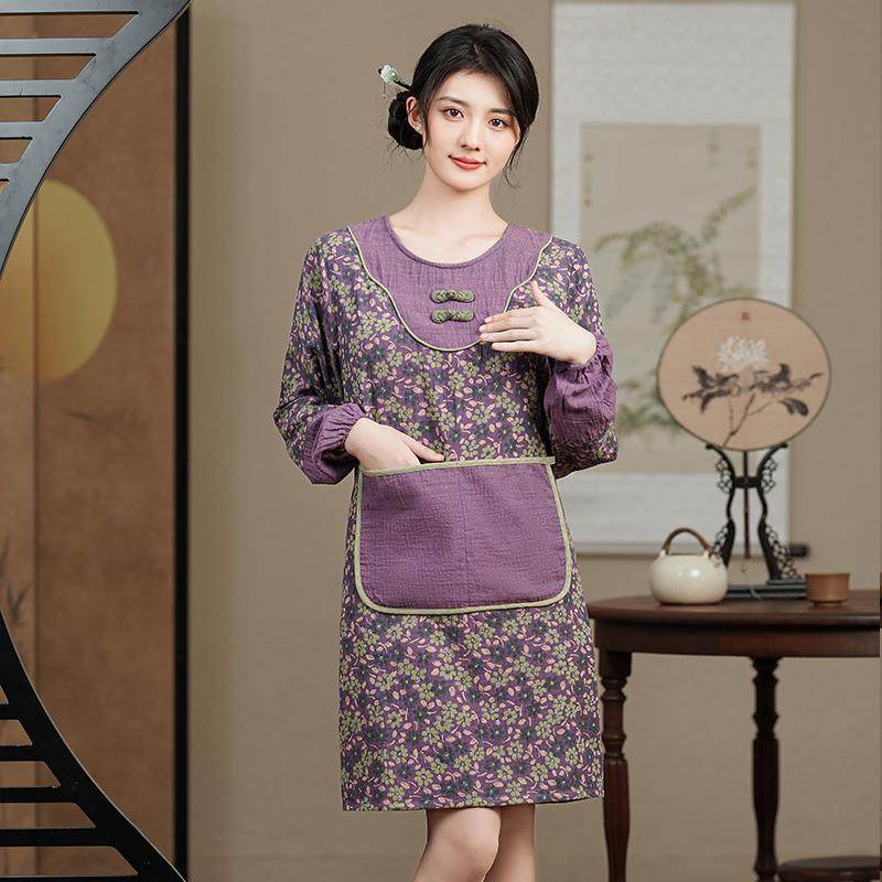 厨房家用围裙2024新款中式纯棉防油污女士韩版长袖高级感棉布罩衣,家庭/个人清洁工具,围裙,淘宝优惠券,粉丝福利购,淘宝优惠卷