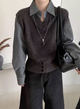 老钱风羊毛针织马甲拼接Polo领衬衣假两件短款毛衣女时尚软糯上衣