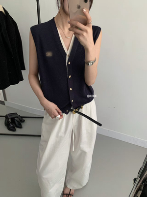 天丝亚麻拼色短款V领无袖针织衫