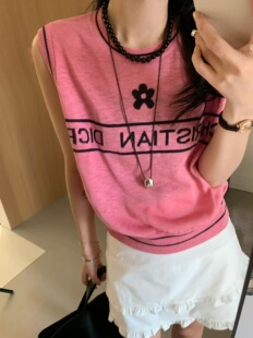 韩范时尚 宽松少女感上衣 字母刺绣天丝亚麻圆领无袖 针织背心女夏季