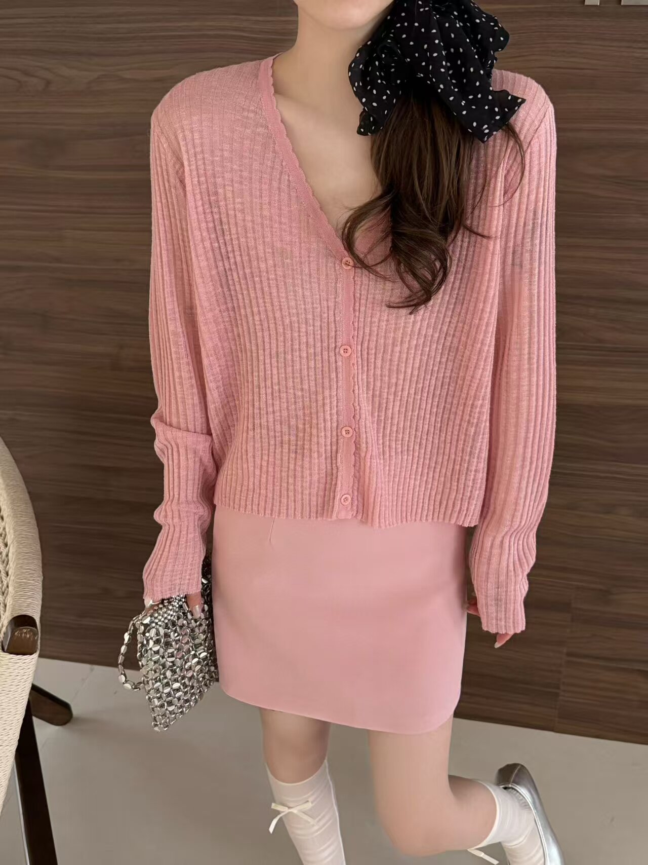 欧韩时尚糖果色V领短款长袖针织开衫女早春宽松小个子薄款上衣潮