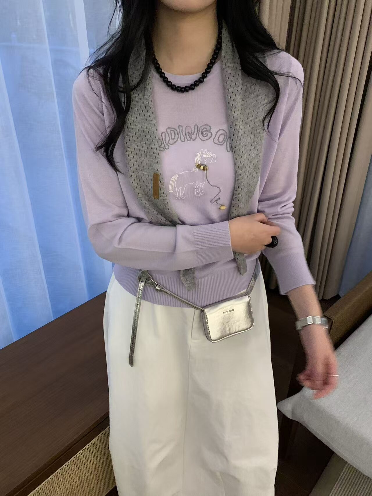 韩系香芋紫卡通刺绣圆领配披肩长袖针织衫女早春糖果色甜美薄毛衣