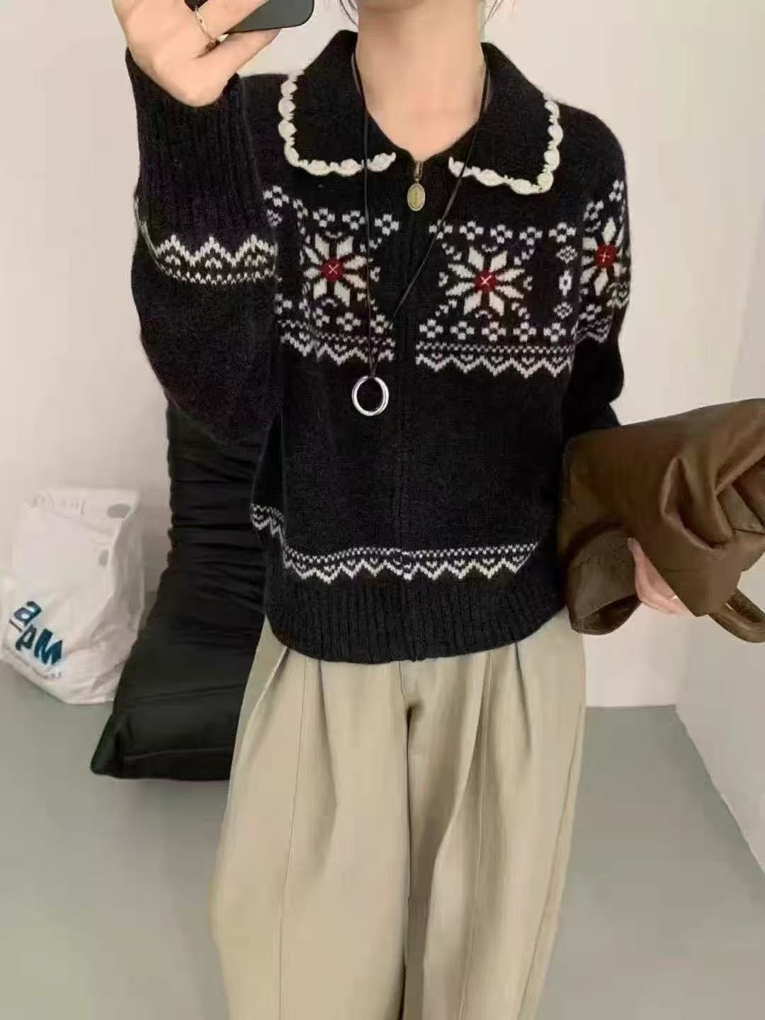 欧韩费尔岛提花细羊毛针织开衫