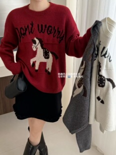 欧韩时尚羊毛兔毛卡通小马刺绣圆领套头毛衣女秋冬宽松软糯毛衣潮