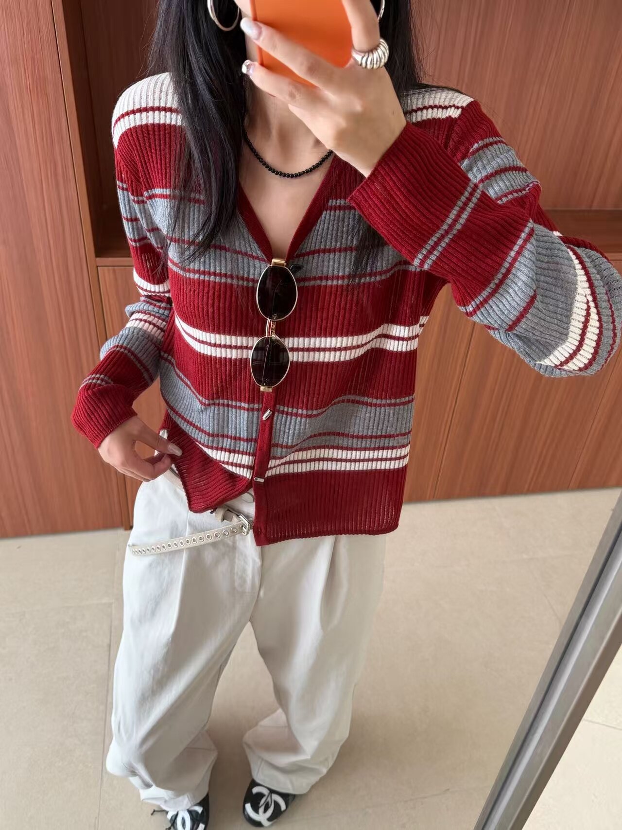 韩系撞色条纹V领显瘦针织开衫