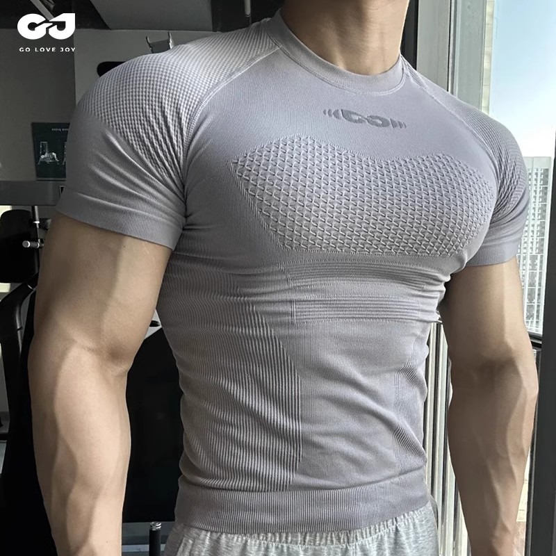 golovejoy健身衣男士小领口运动短袖T恤速干紧身弹力压缩训练跑步