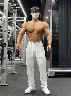 宽松运动健身长裤男士直筒美式肌肉秋季训练垂感休闲灰色卫裤阔腿