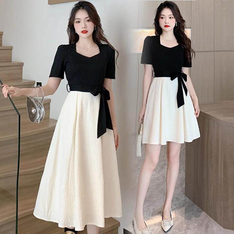 法式小香风黑色拼接连衣裙女夏季2024新款别致设计感赫本风小个子