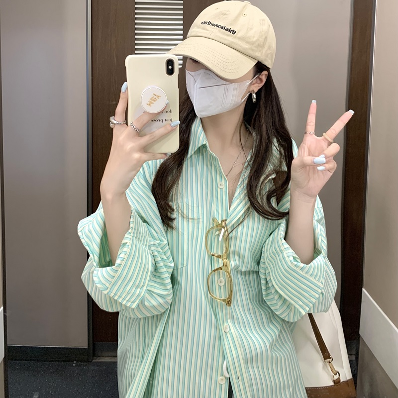 韩系感绿色条纹衬衫女2024夏季新款宽松薄款外搭开衫长袖上衣