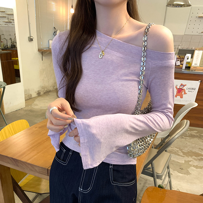 秋冬实拍图纯欲内搭可外穿打底衫女秋冬季独特漂亮辣妹斜肩长袖T