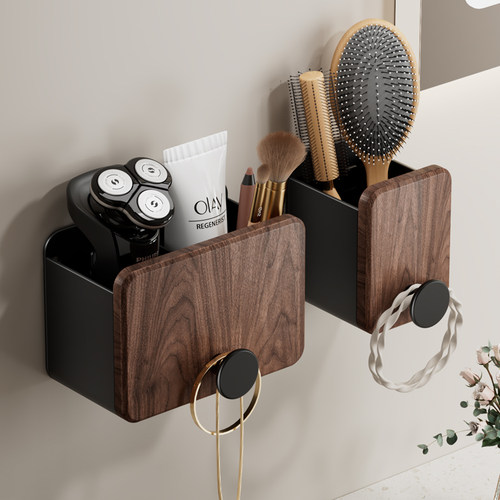 胡桃木浴室卫生间梳子置物架免打孔洗漱台牙膏剃须刀化妆刷收纳筒