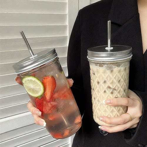高颜值玻璃吸管杯大容量梅森杯与
