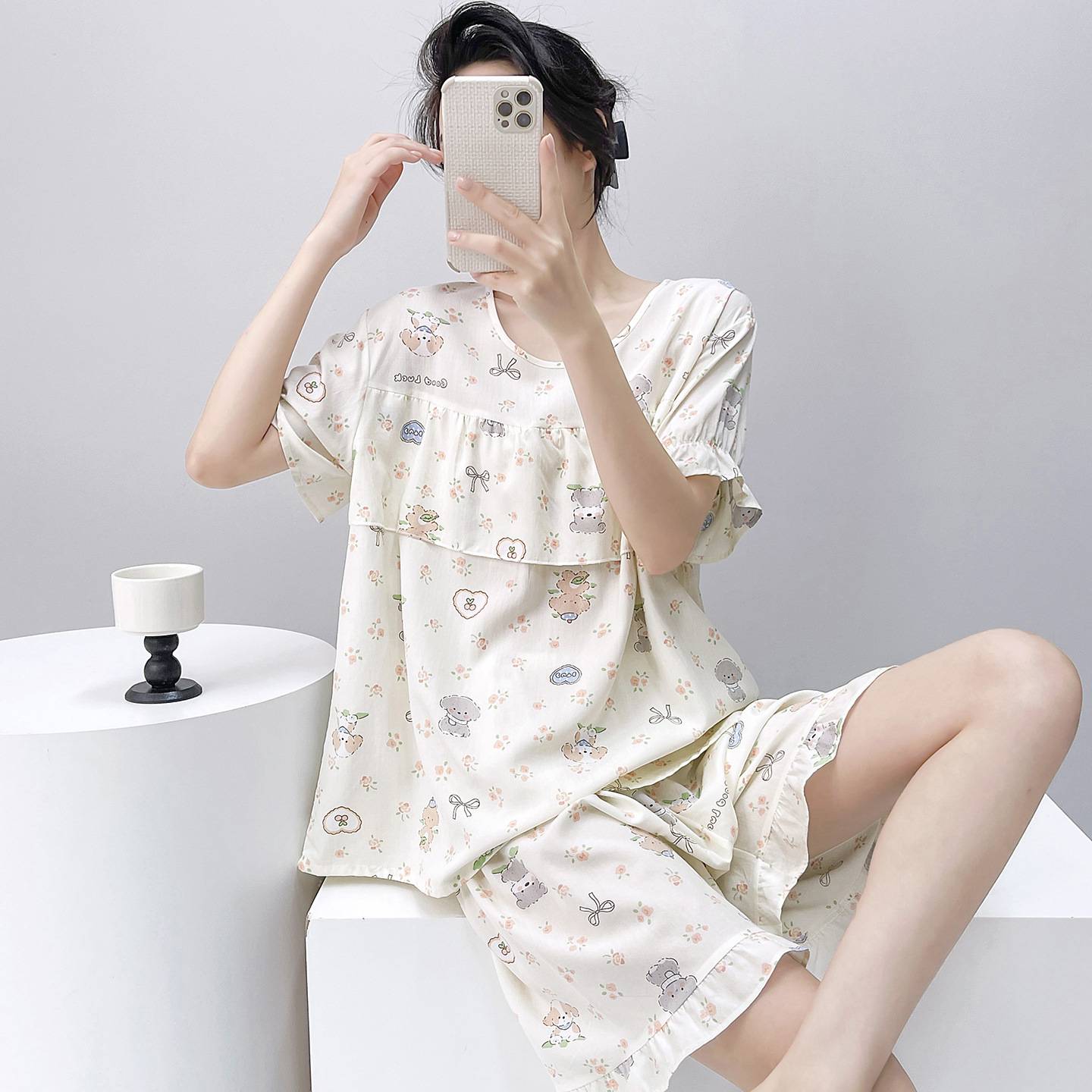 棉绸睡衣女甜美条纹夏薄款短袖防