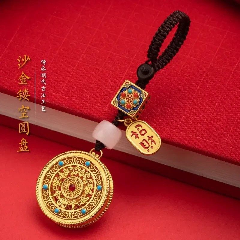 古法金五福圆满汽车钥匙扣挂件高档男财神平安包挂沙金挂饰女手工